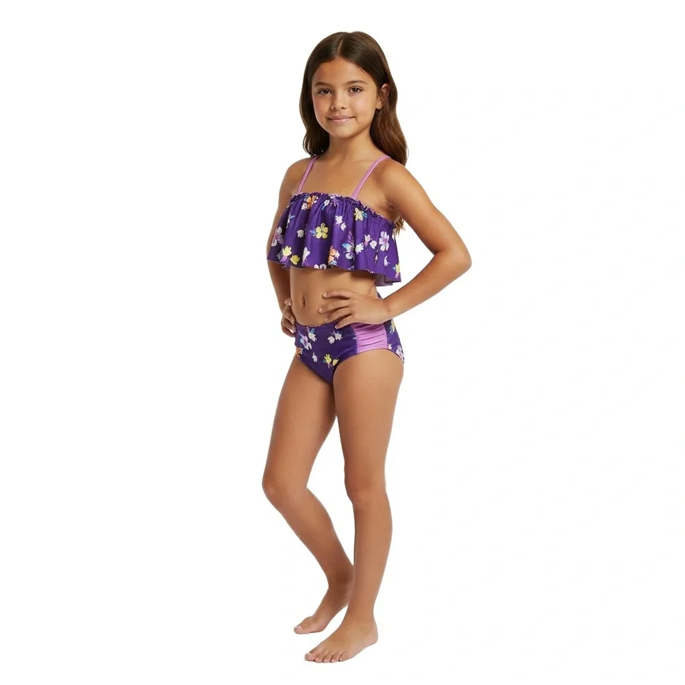 CAT & JACK Girls Purple Floral Bikini Size M (8) Ruffle Off-Shoulder‎ Sleeveless